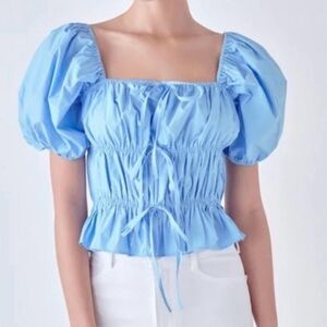 English Factory Light Blue Puff Sleeve Blouse